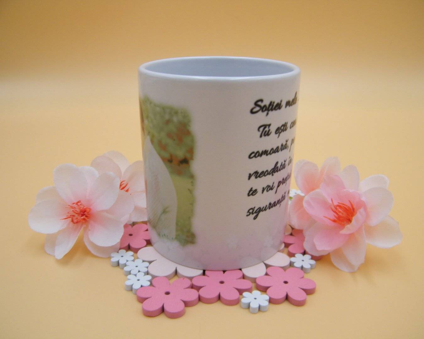 Cana personalizata cu poza si mesaj „Dedicatie sotie...”