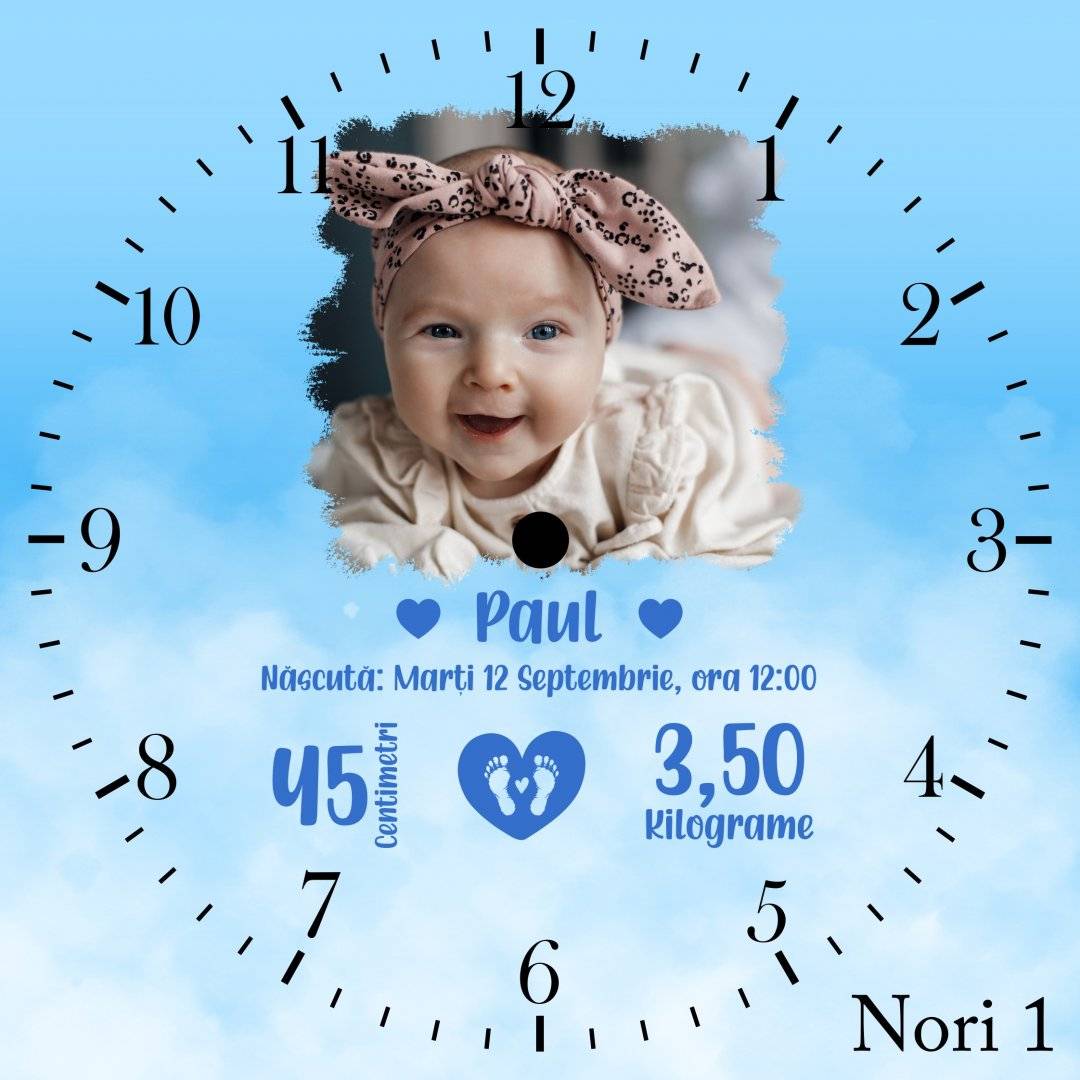 Ceas de ardezie patrat personalizat cu poza si mesaj „Nastere bebeluș”