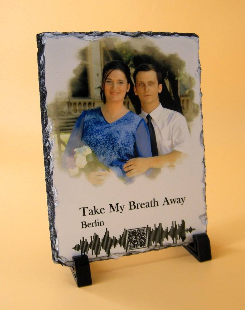 Placa de ardezie personalizata cu poza, mesaj si cod QR