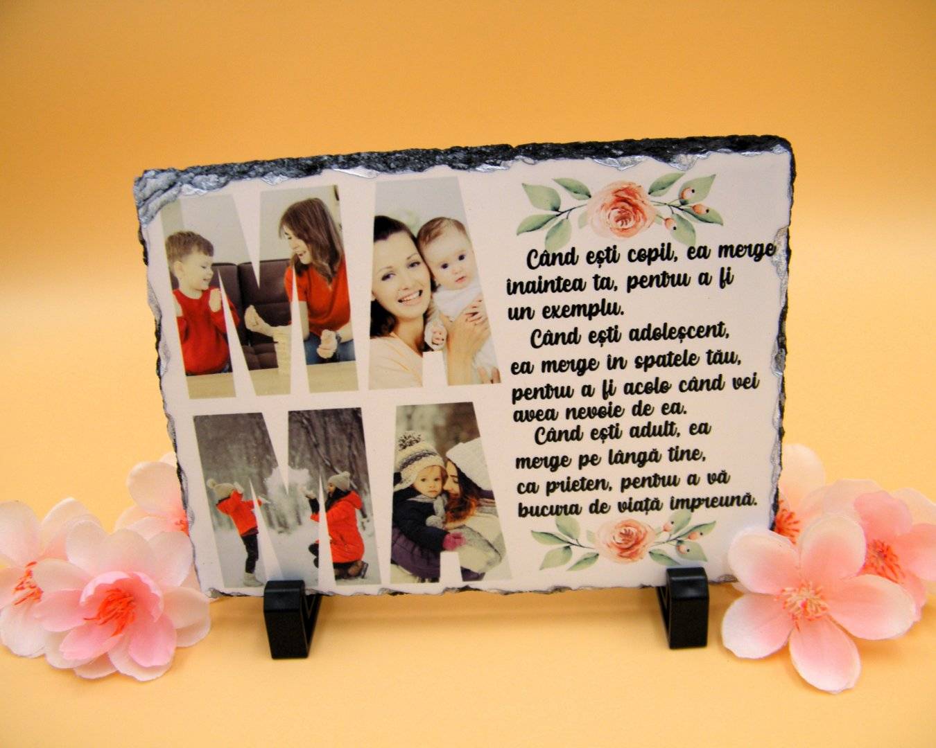 Placa de ardezie personalizata cu poze si mesaj „Mama”