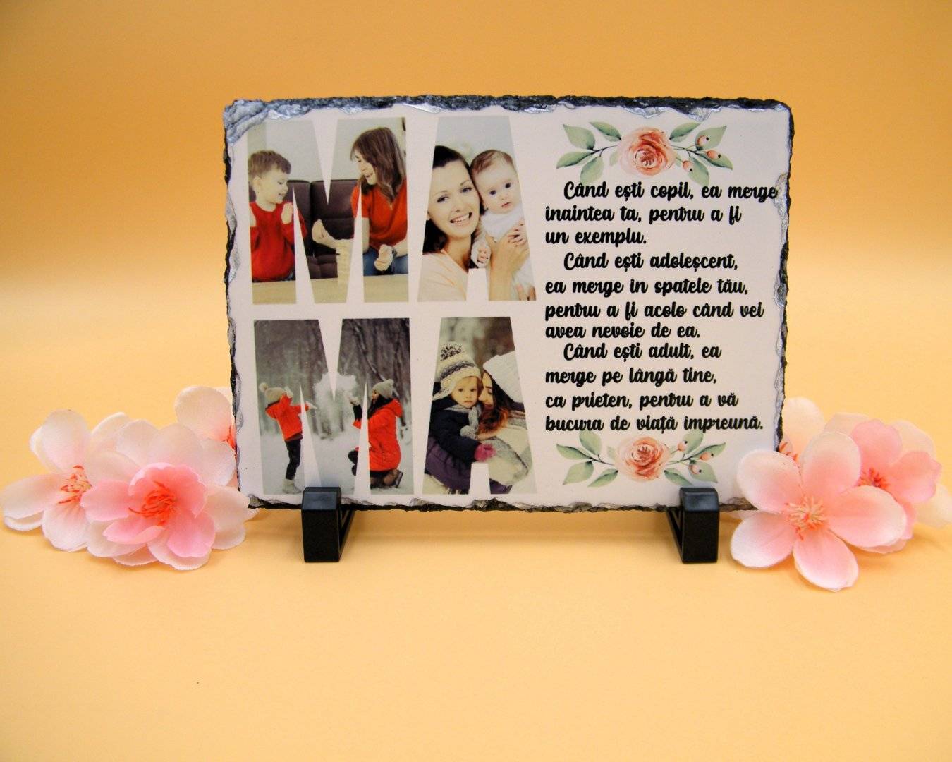 Placa de ardezie personalizata cu poze si mesaj „Mama”