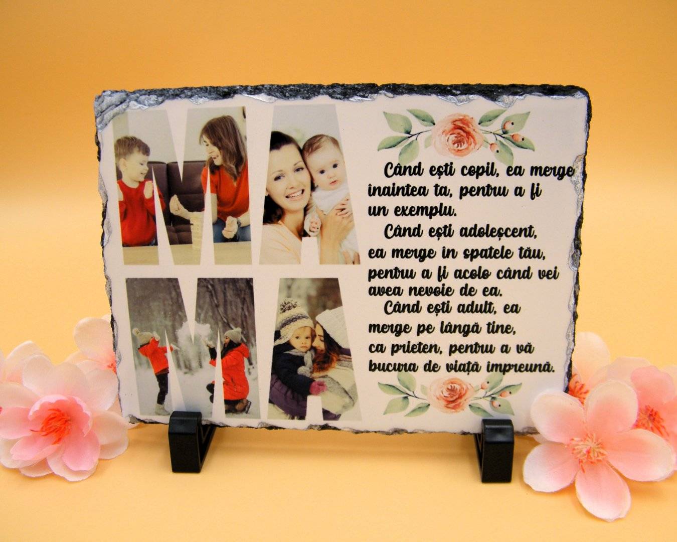 Placa de ardezie personalizata cu poze si text „Iubirea de mama”