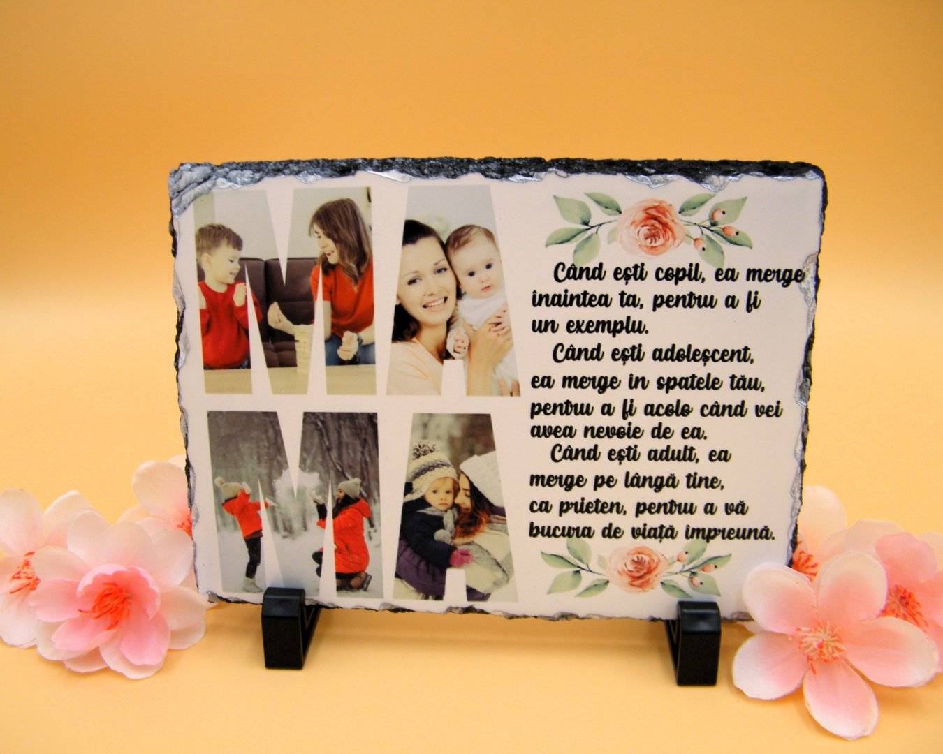 Placa de ardezie personalizata cu poze si text „Iubirea de mama”