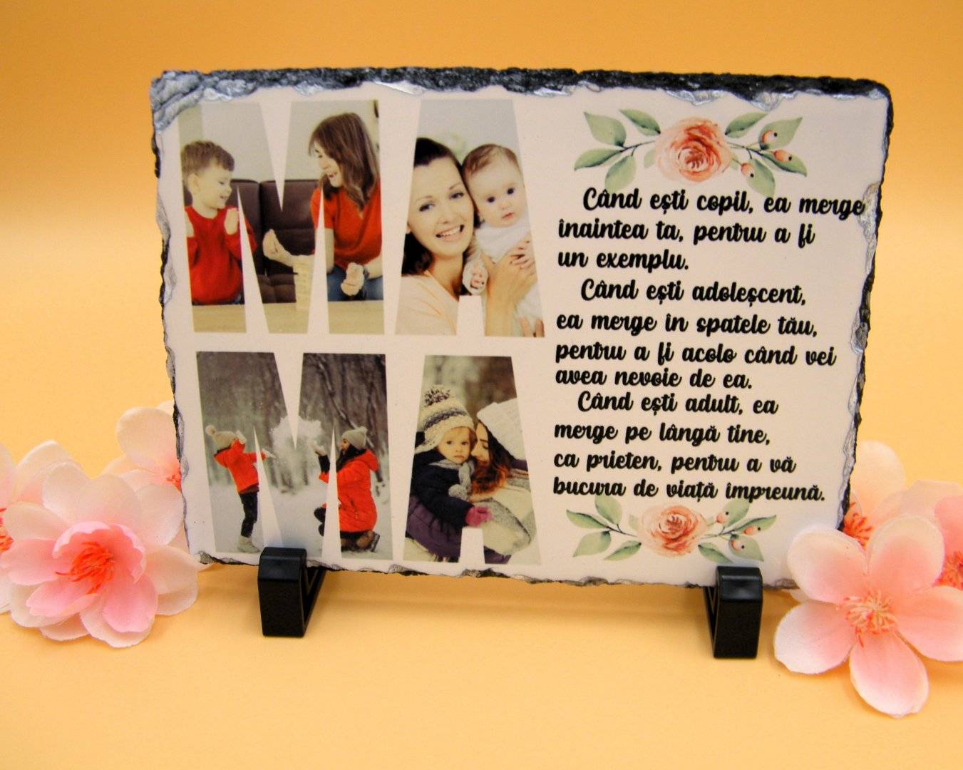Placa de ardezie personalizata cu poze si text „Iubirea de mama”