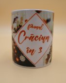 Cana personalizata model abstract cu 4 poze si mesaj „Craciun in Familie”