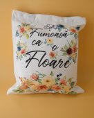 Geanta personalizata material canvas cu fermoar si bretele lungi negre „Flori”